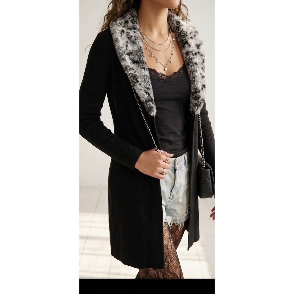 Y2K Cache Black Knit Maxi Duster Cardigan Small Faux Fur Collar Long Bratz Glam